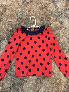 Mini Boden Girls Red ladybug Polka Dot Long Sleeve Top with Navy Ruffle Collar